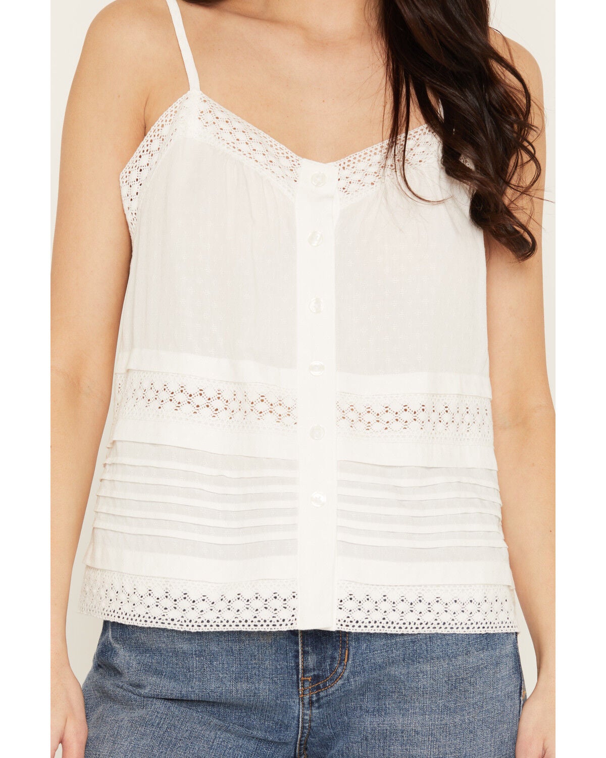Image #3 - Shyanne Women's Lace Trim Pin Tuck Button-Front Cami, White, hi-res