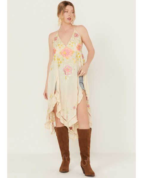 Free People Women's Full Bloom Floral Embroidered Long Tank Top , Beige, hi-res