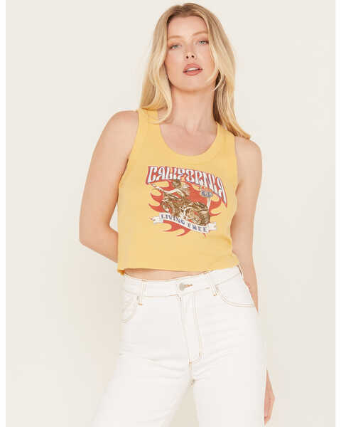 Youth in Revolt Women's California Motorcycle Cropped Tank, Yellow, hi-res