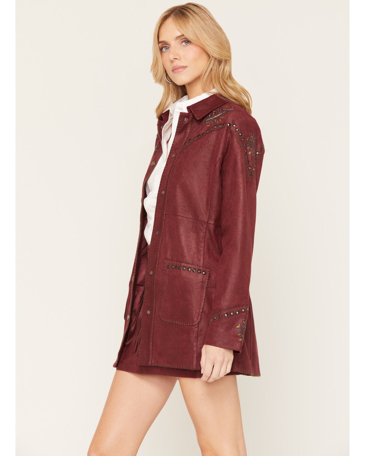 Image #2 - Shyanne Women's Faux Suede Metallic Embroidered Studded Jacket, Maroon, hi-res