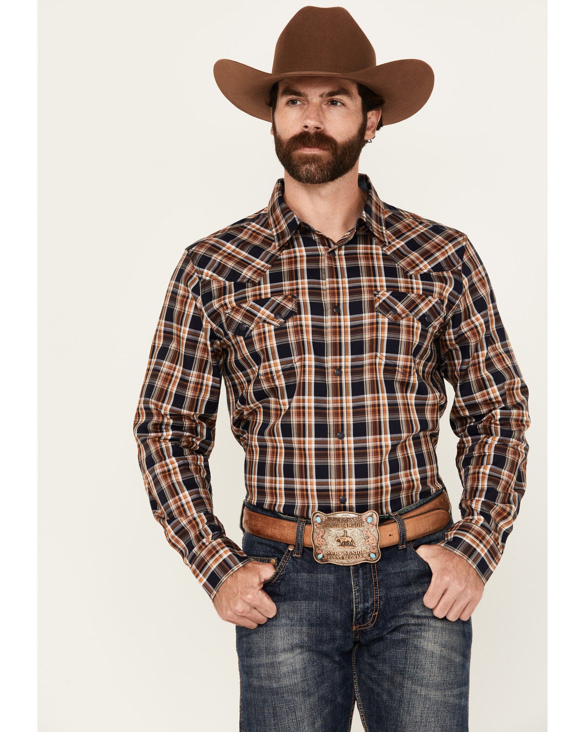 Cody James Men's Winfield Plaid Print Long Sleeve Snap Western Shirt, Navy, hi-res