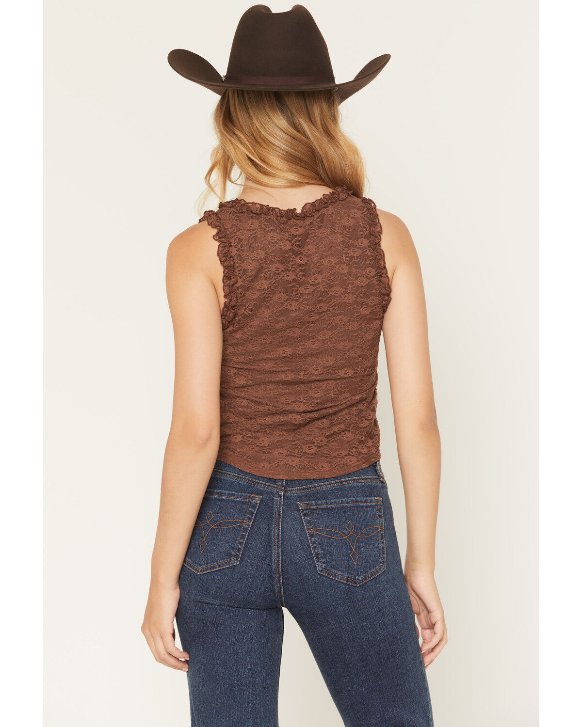 Image #4 - Shyanne Women's Solid Lace Sleeveless Ruffle Tank Top, Brown, hi-res