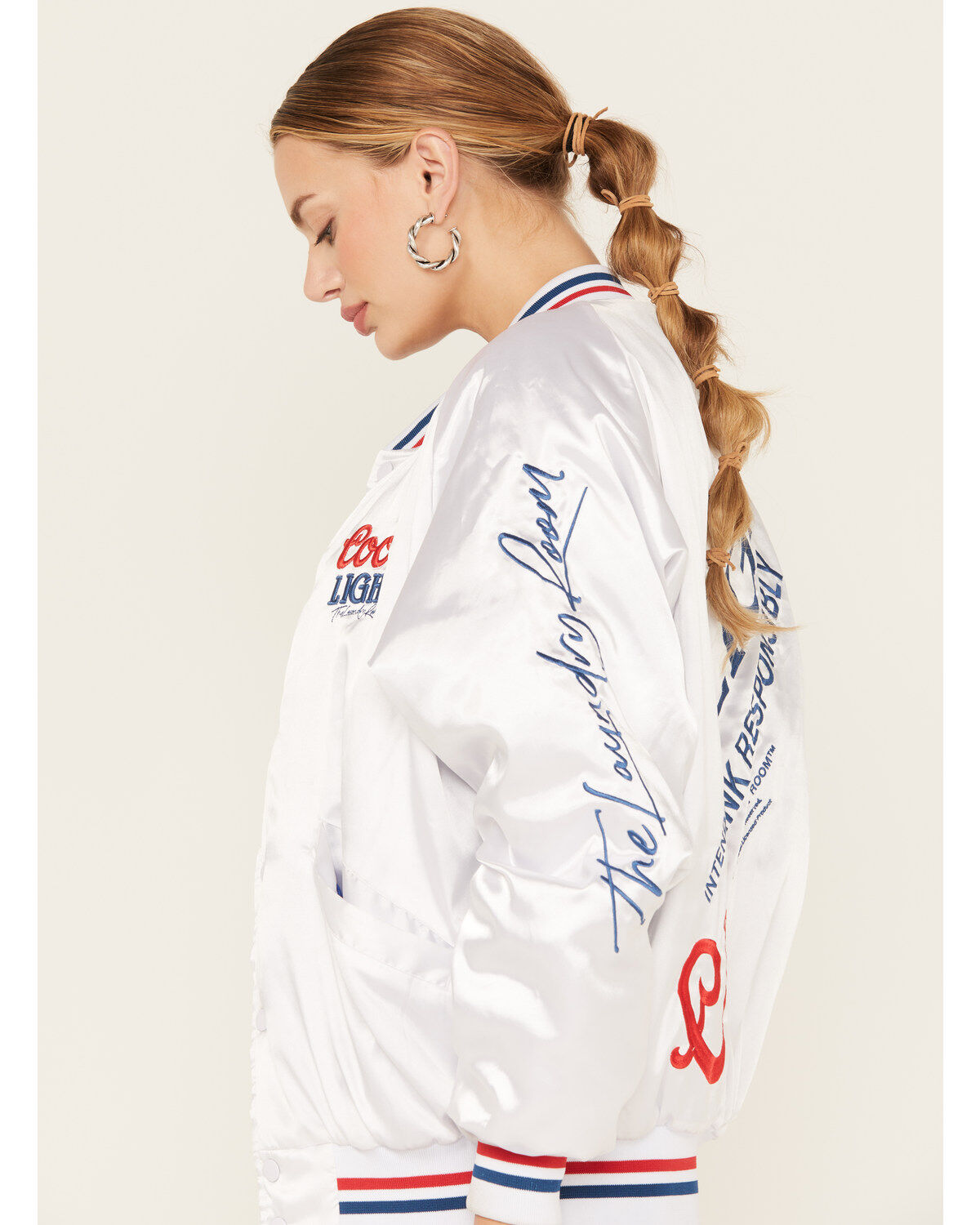 Image #2 - The Laundry Room Women's Faux Satin Coors Light Bomber Jacket, White, hi-res