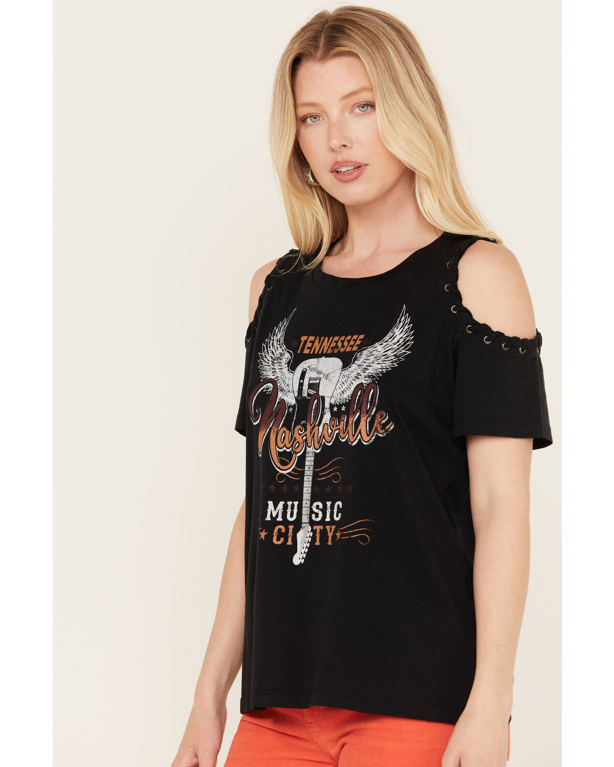 Image #2 - Blended Women's Cold Shoulder Nashville Music City Graphic Tee, , hi-res