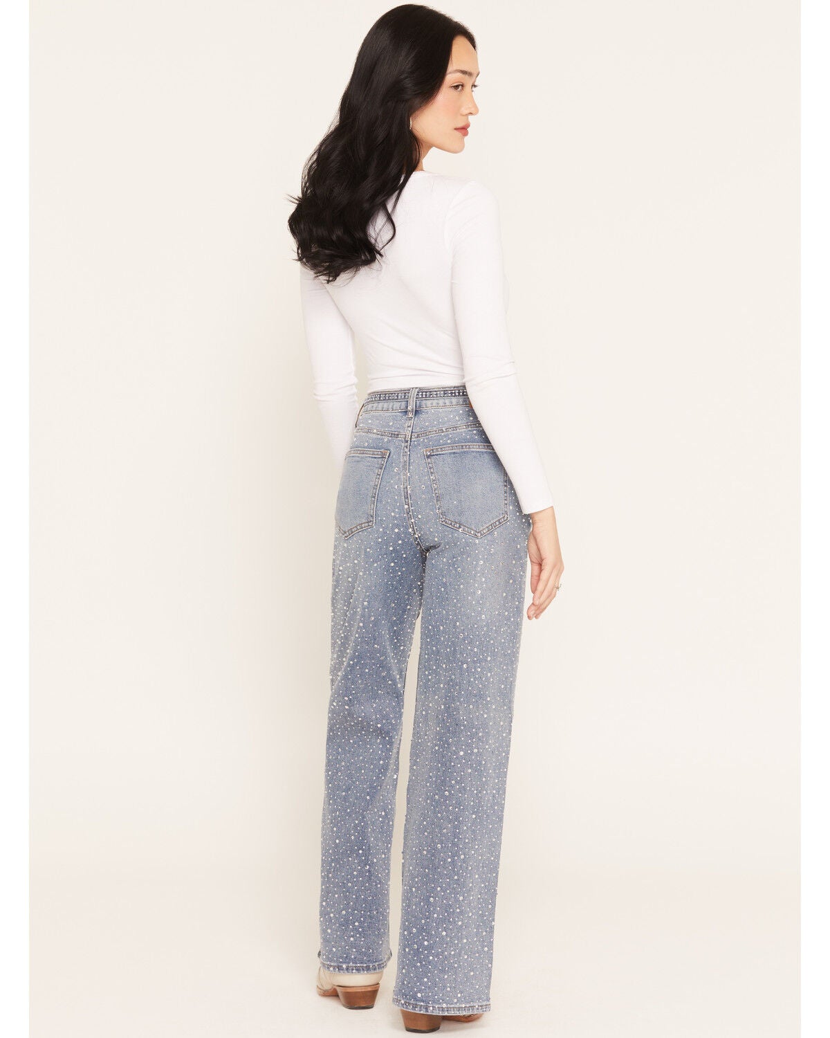 Image #3 - Cello Women's Medium Wash High Rise Rhinestone Embellished Wide Stretch Denim Jeans, Medium Wash, hi-res