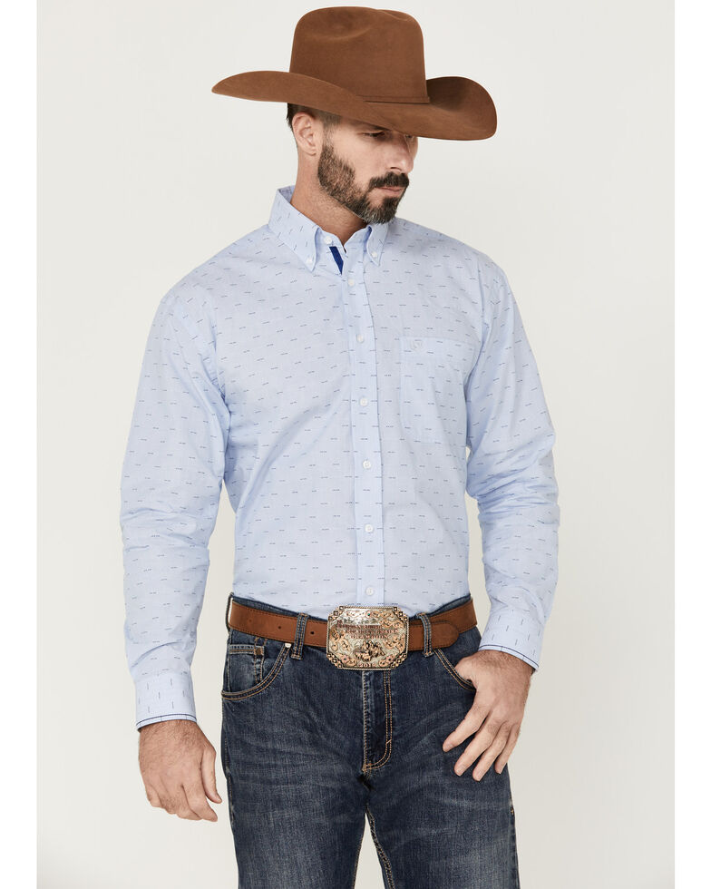 Rough Stock By Panhandle Men's Light Blue Dobby Geo Print Long Sleeve Button-Down Western Shirt , Light Blue, hi-res
