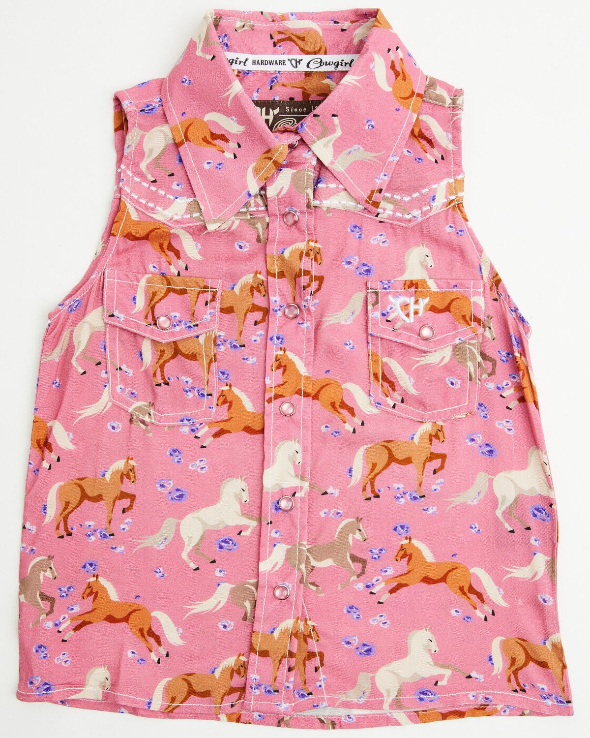 Image #1 - Cowgirl Hardware Toddler Girls' Horse Print Sleeveless Pearl Snap Western Shirt, Pink, hi-res