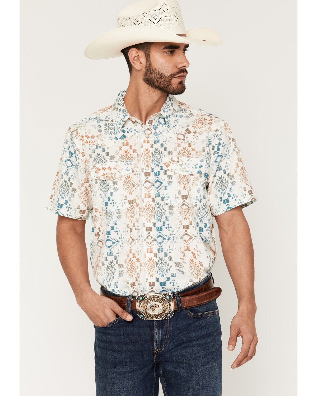 RANK 45&reg; Men's Everglades 2.0 Southwestern Print Rodeo Tech Short Sleeve Snap Western Shirt, Ivory, hi-res