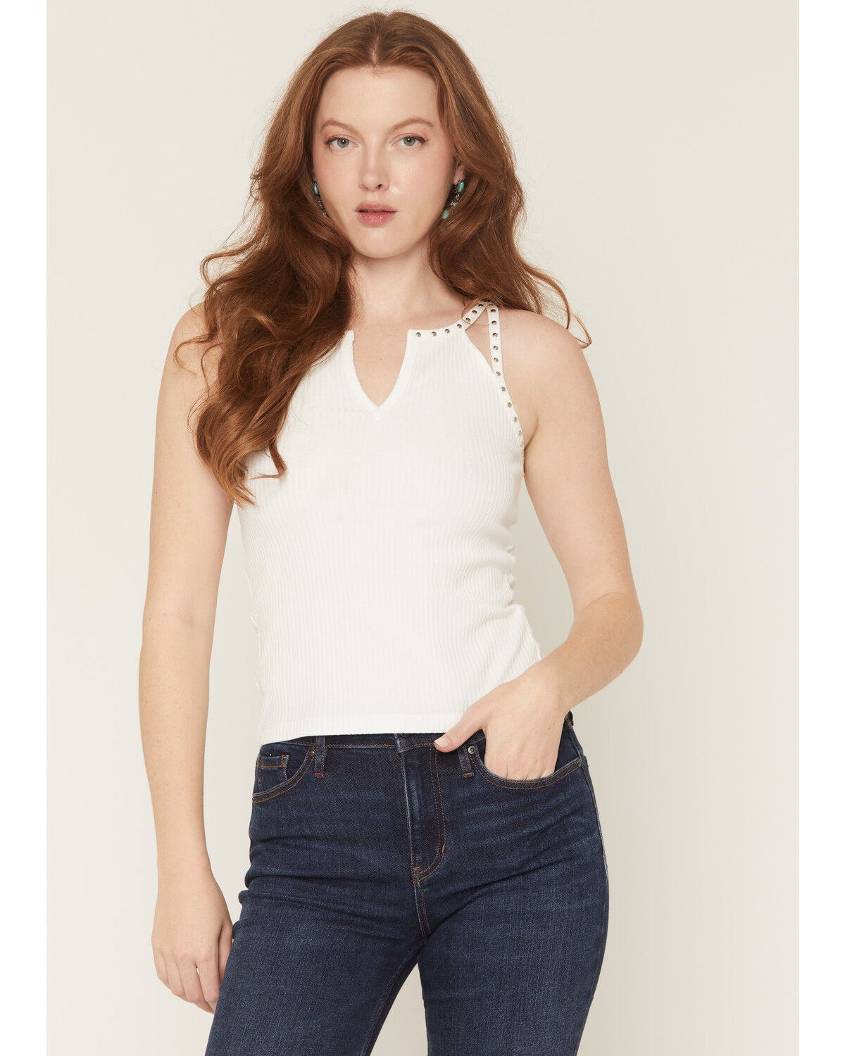 Miss Me Women's Studded Sleeveless Tank Top, White, hi-res