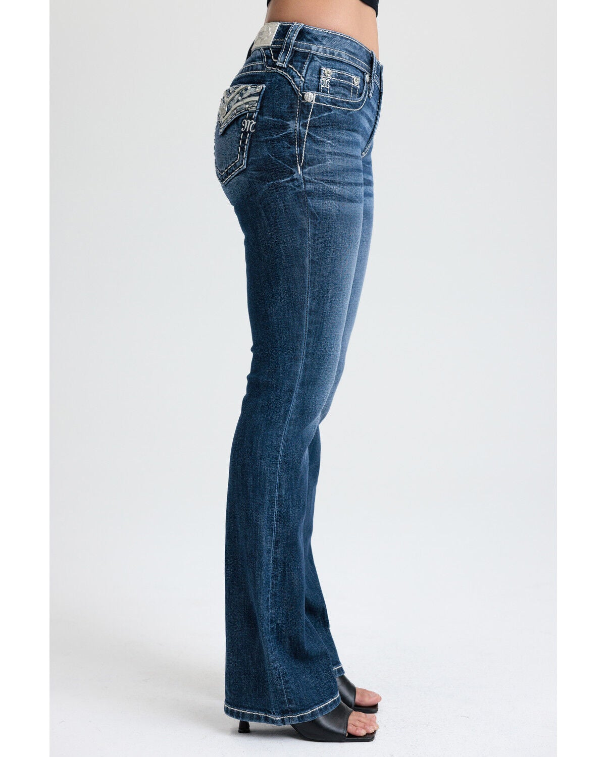 Image #2 - Miss Me Women's Dark Wash Geo Border Pocket Bootcut Denim Jeans, Dark Wash, hi-res