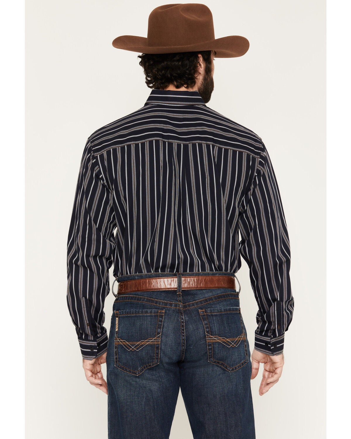 Image #4 - Cinch Men's Dobby Striped Print Long Sleeve Button-Down Western Shirt, Navy, hi-res