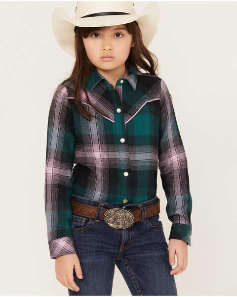 Wrangler Girls' Plaid Print Long Sleeve Snap Western Shirt, Teal, hi-res