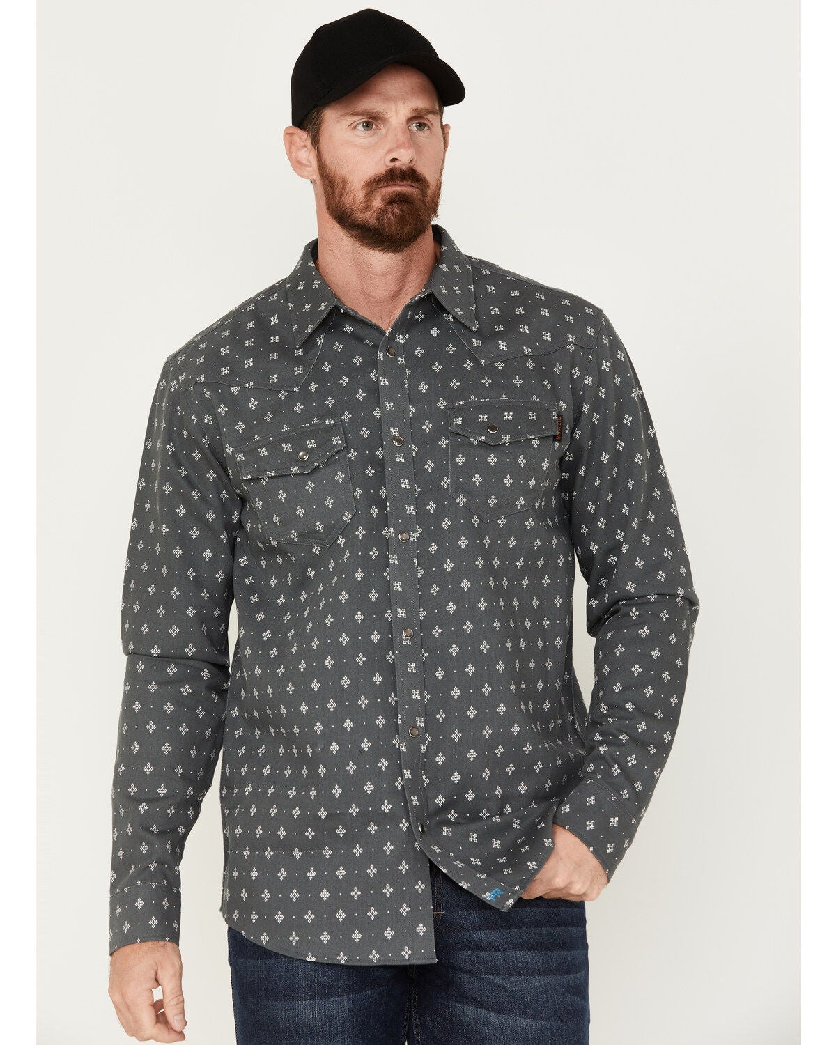 Cody James Men's FR Geo Print Long Sleeve Snap Work Shirt, Charcoal, hi-res