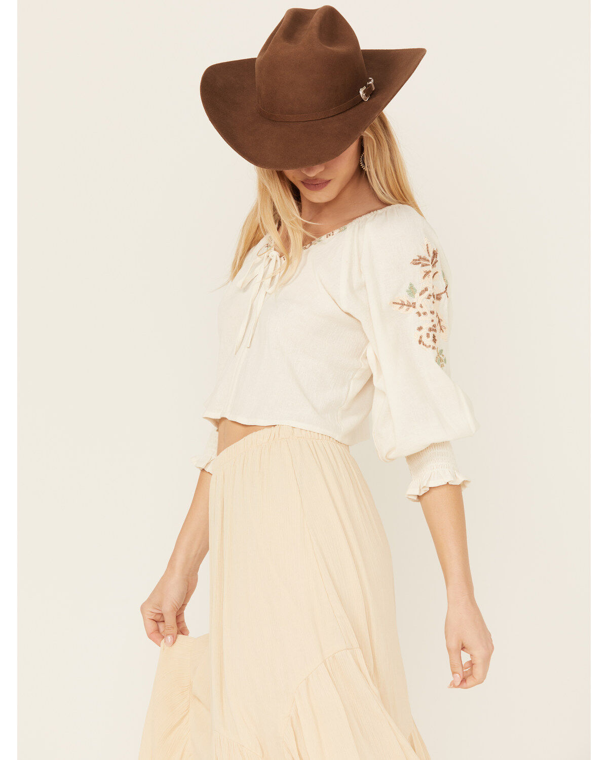 Image #2 - Shyanne Women's Embellished Tie Front Peasant Top, Cream, hi-res