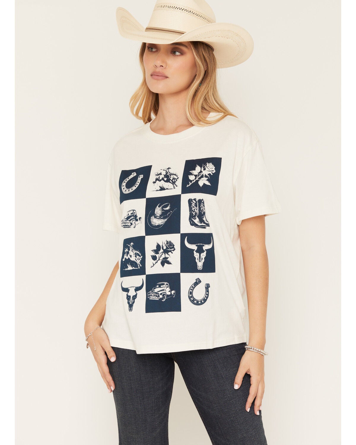 Shyanne Women's Western Checkerboard Short Sleeve Graphic Tee, Navy, hi-res