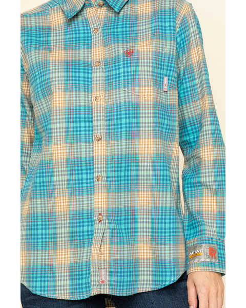 Ariat Women's FR Savana Plaid Print Long Sleeve Work Shirt, Blue, hi-res