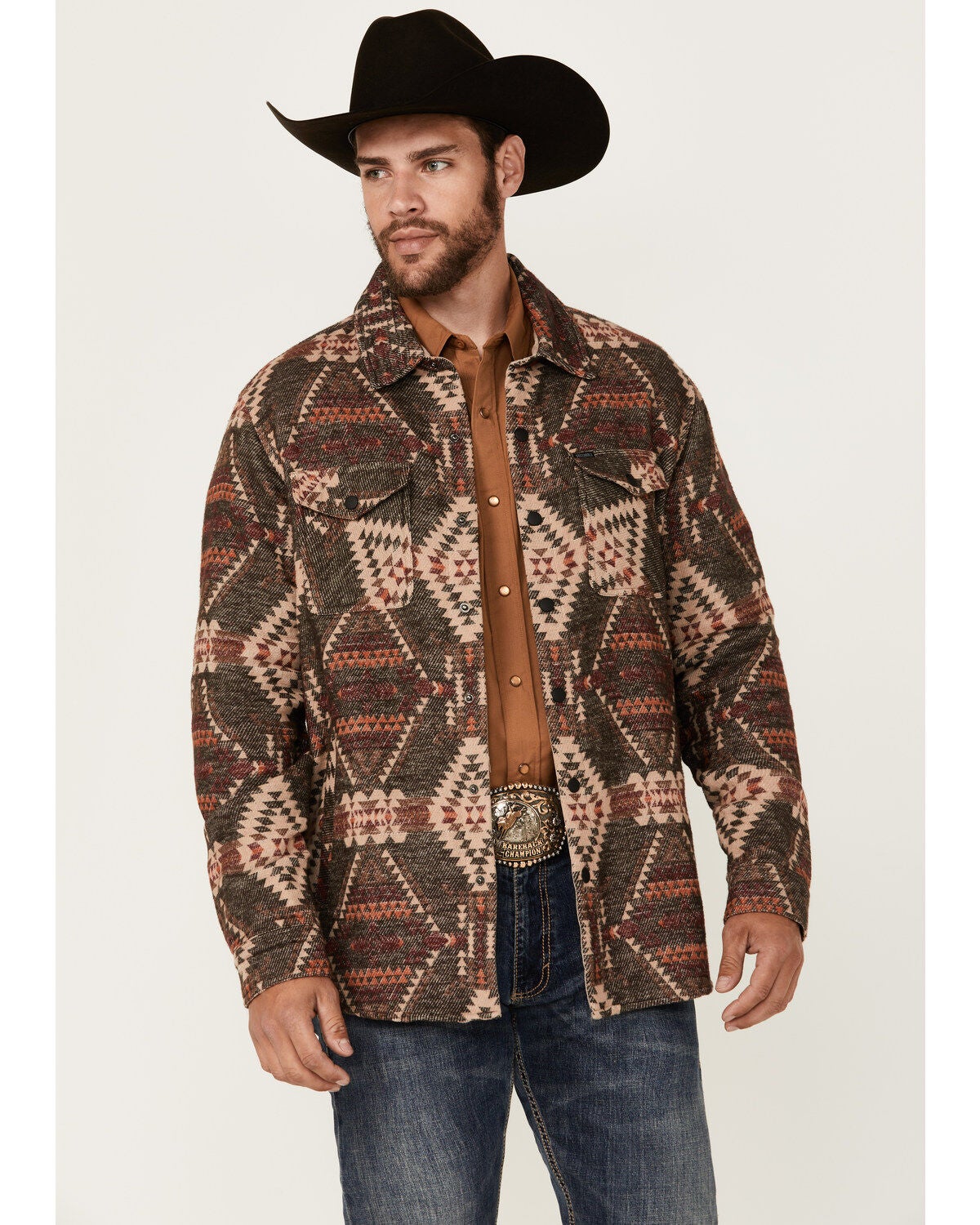 Rock & Roll Denim Men's Southwestern Print Snap Shacket, Dark Brown, hi-res