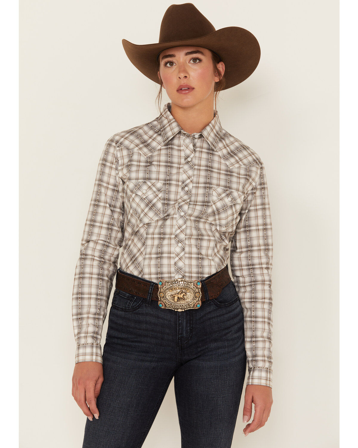 Image #1 - Rough Stock by Panhandle Women's Long Sleeve Dobby Plaid Print Snap Western Shirt, , hi-res