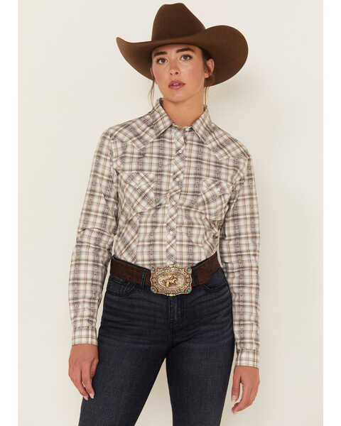 Image #1 - Rough Stock by Panhandle Women's Long Sleeve Dobby Plaid Print Snap Western Shirt, Beige/khaki, hi-res