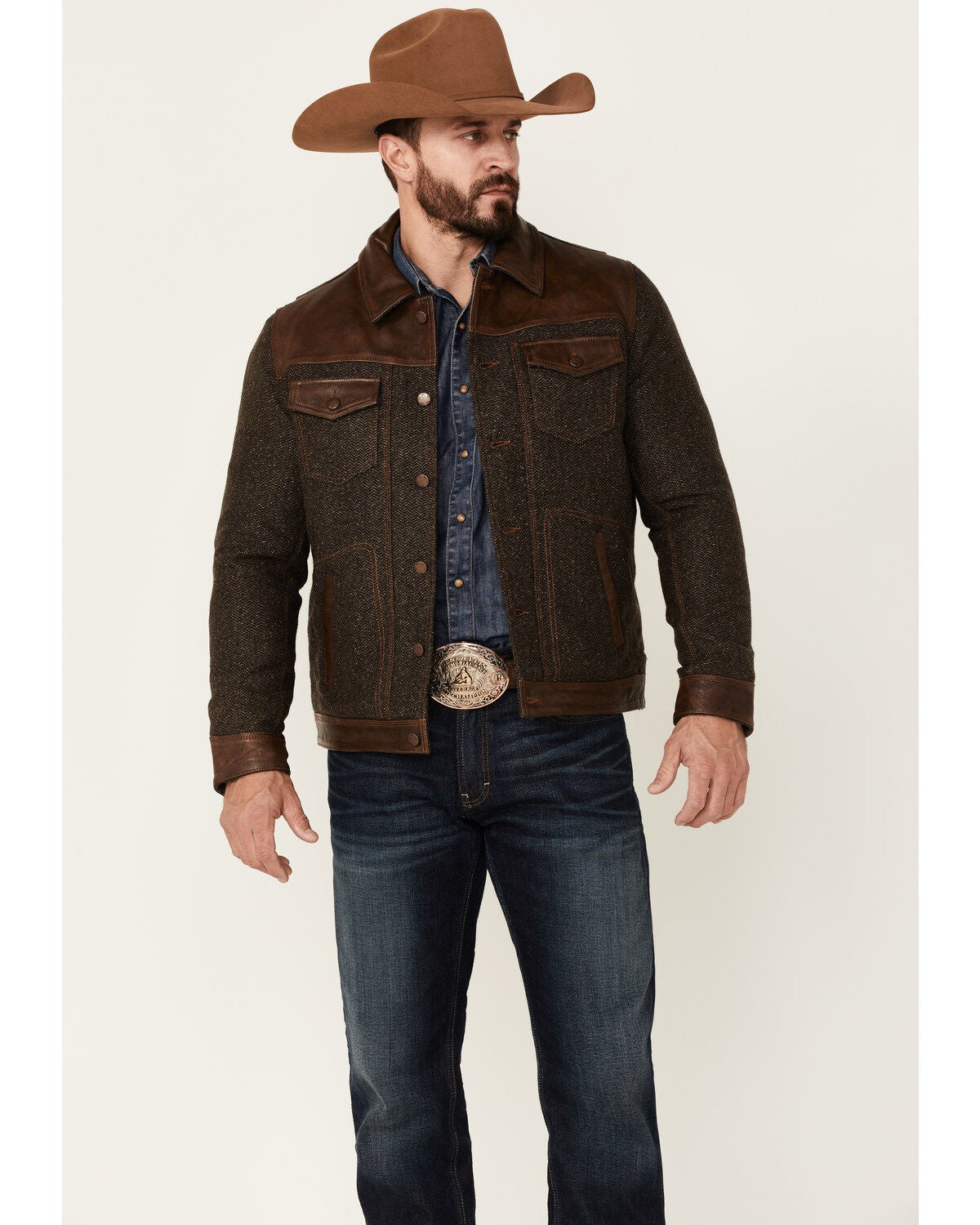Image #1 - Scully Men's Vintage Herringbone Leather Trim Button-Front Jacket, Brown, hi-res