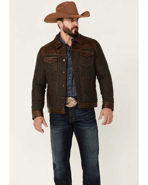 Scully Men's Vintage Herringbone Leather Trim Button-Front Jacket , Brown, hi-res
