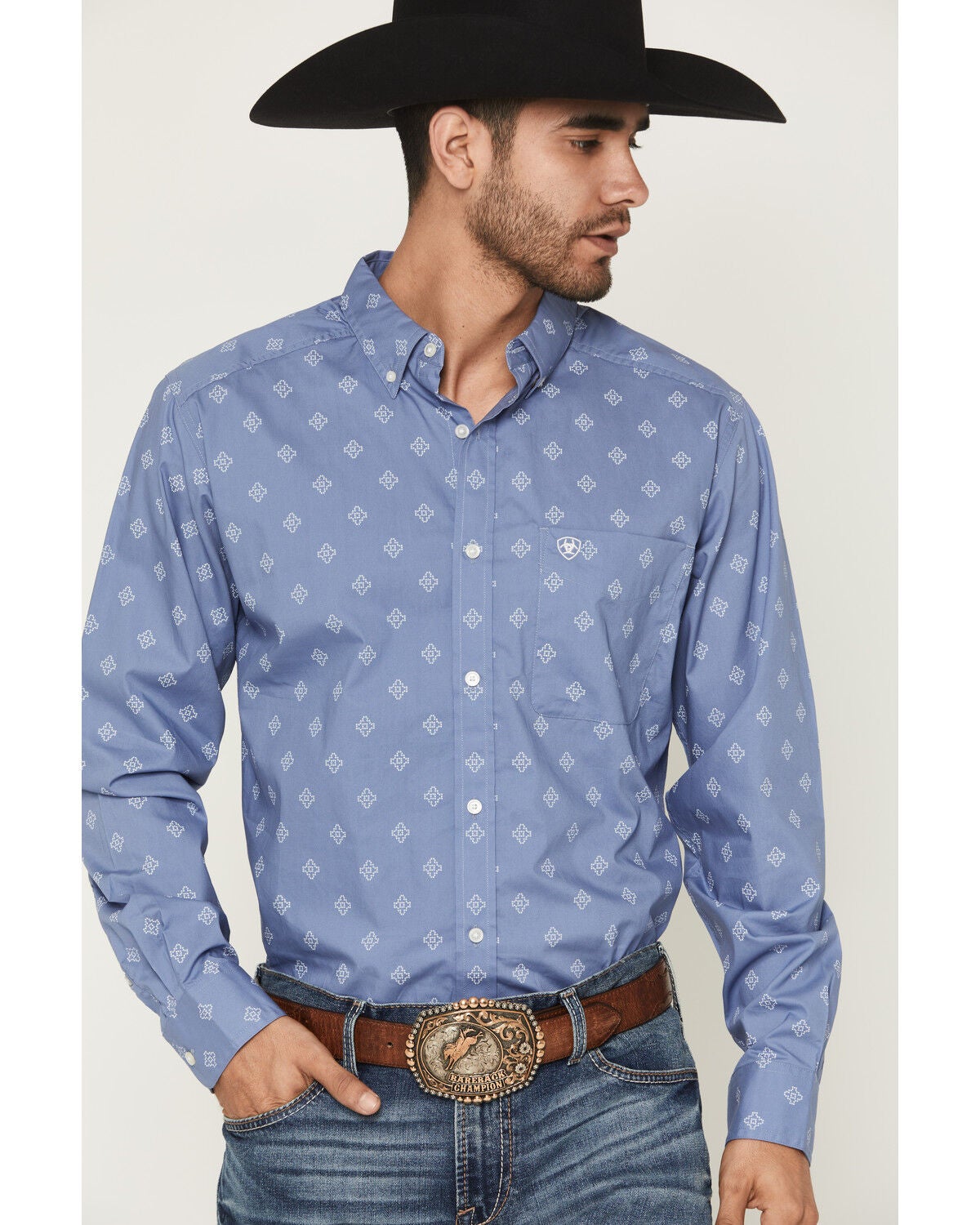 Image #3 - Ariat Men's Byrd Geo Print Fitted Long Sleeve Button-Down Western Shirt, Blue, hi-res