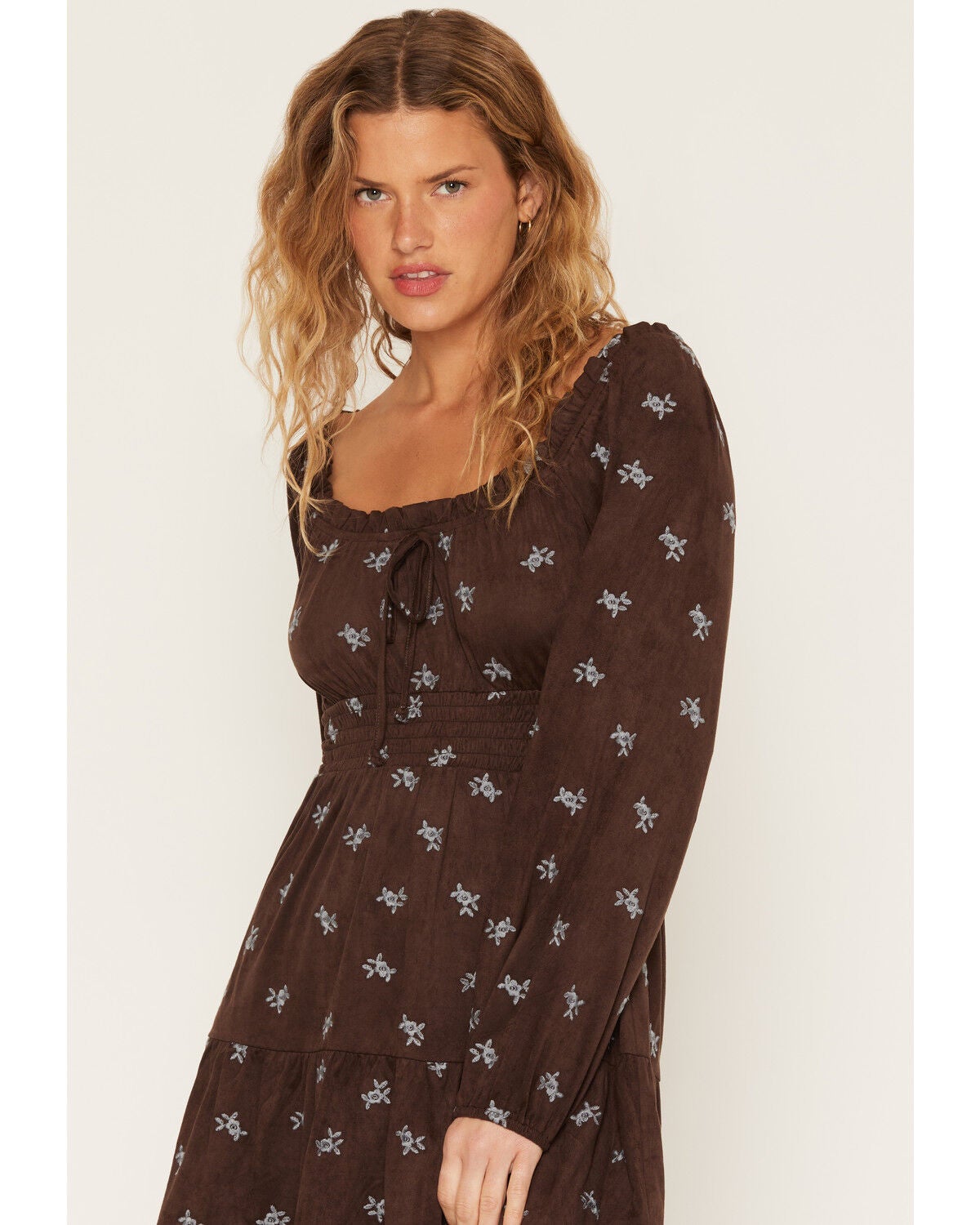 Image #2 - June & Hudson Women's Floral Embroidered Faux Suede Long Sleeve Mini Dress, Chocolate, hi-res