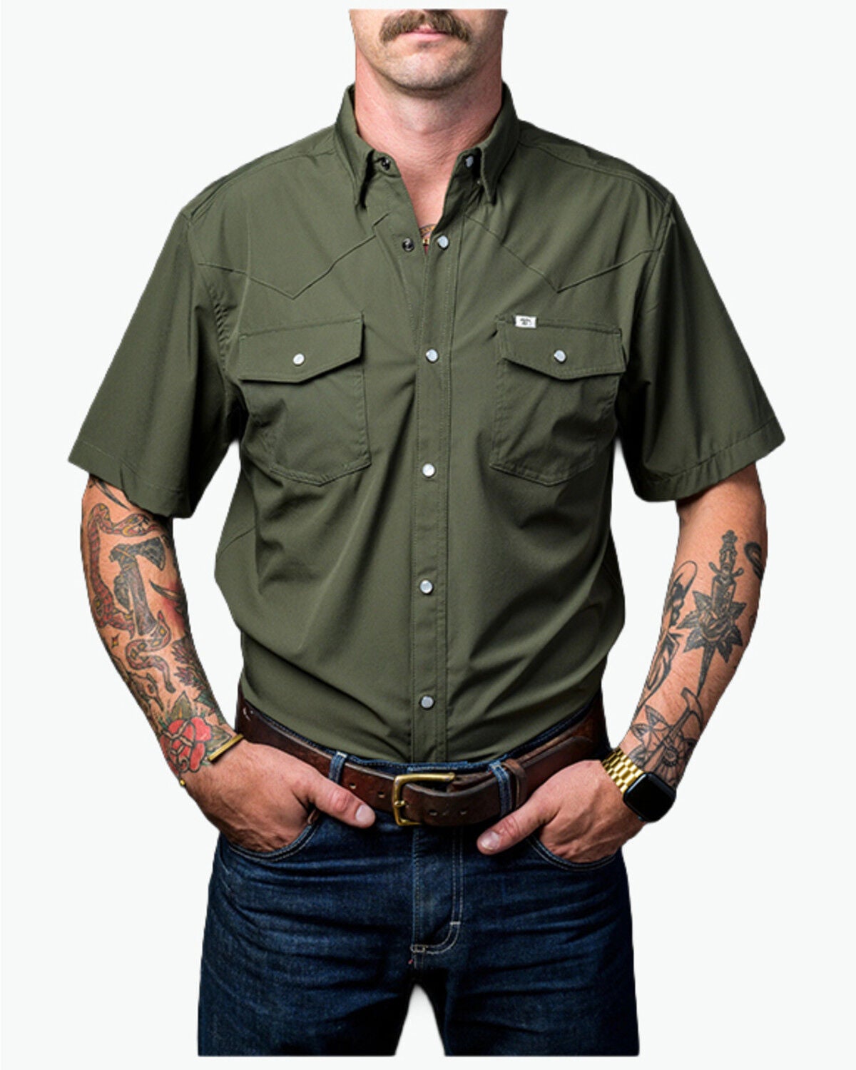Ferrell Men's Tek Solid Short Sleeve Pearl Snap Stretch Performance Western Shirt, Olive, hi-res