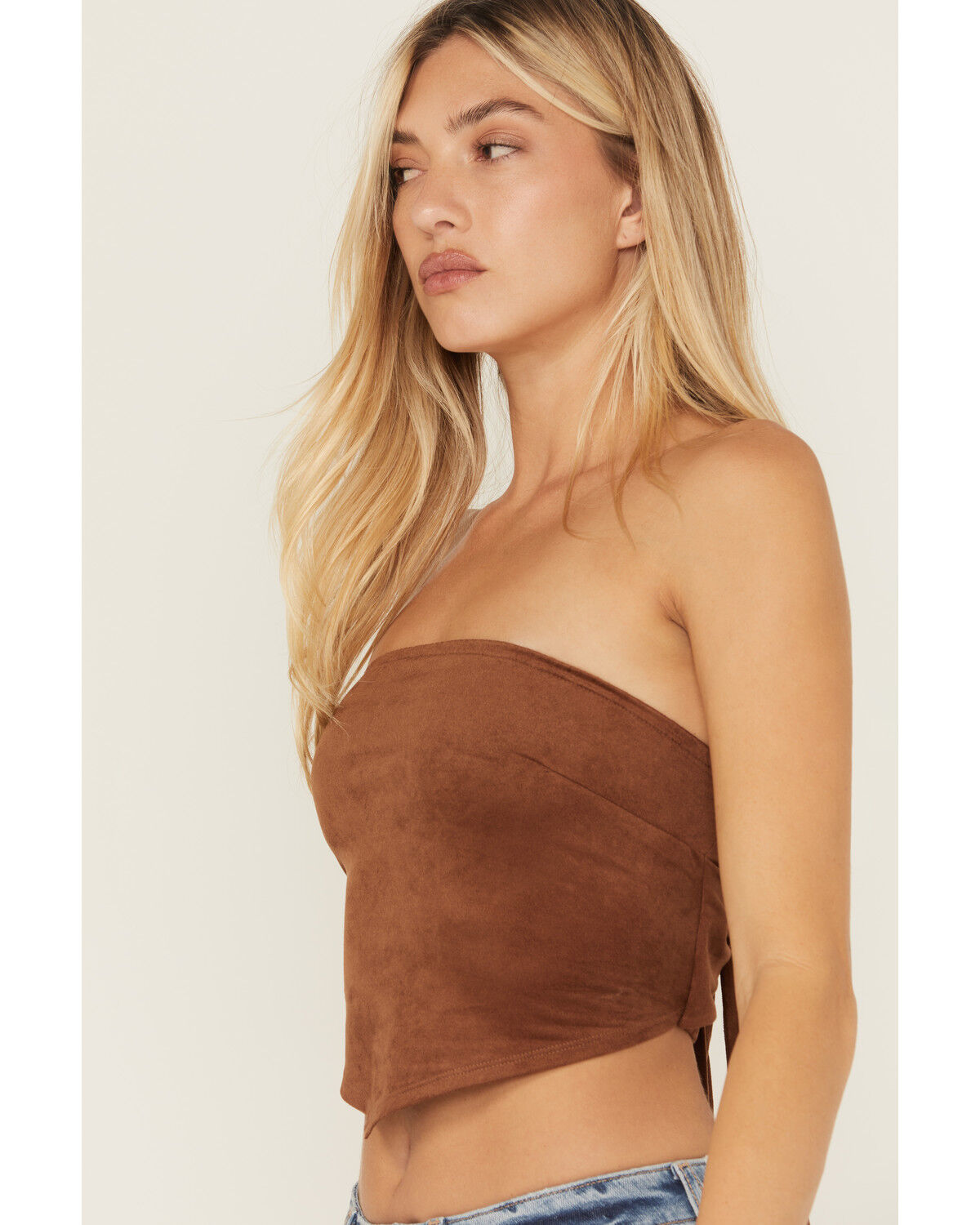 Image #2 - Originality Women's Suede Handkerchief Strapless Top, Brown, hi-res