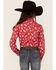 Panhandle Girls' Cowboy Steer Print Long Sleeve Western Snap Shirt, Red, hi-res