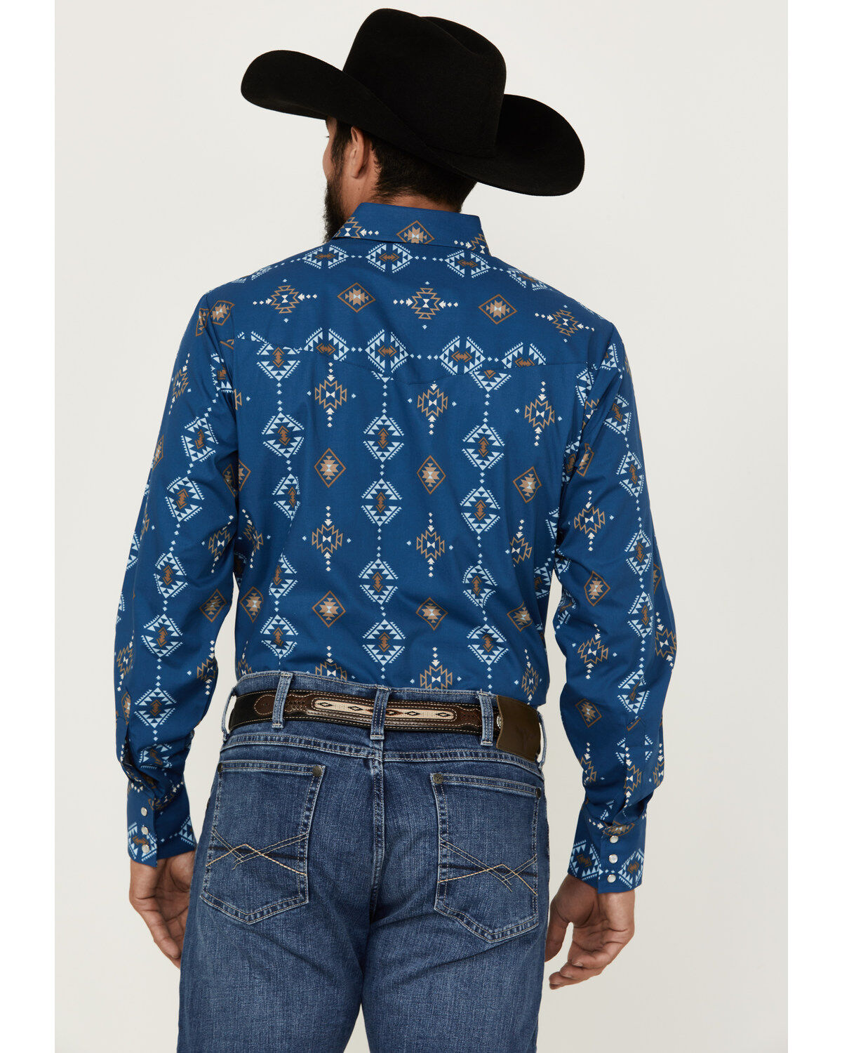 Image #4 - Ely Walker Men's Southwestern Print Long sleeve Pearl Snap Western Shirt, Indigo, hi-res