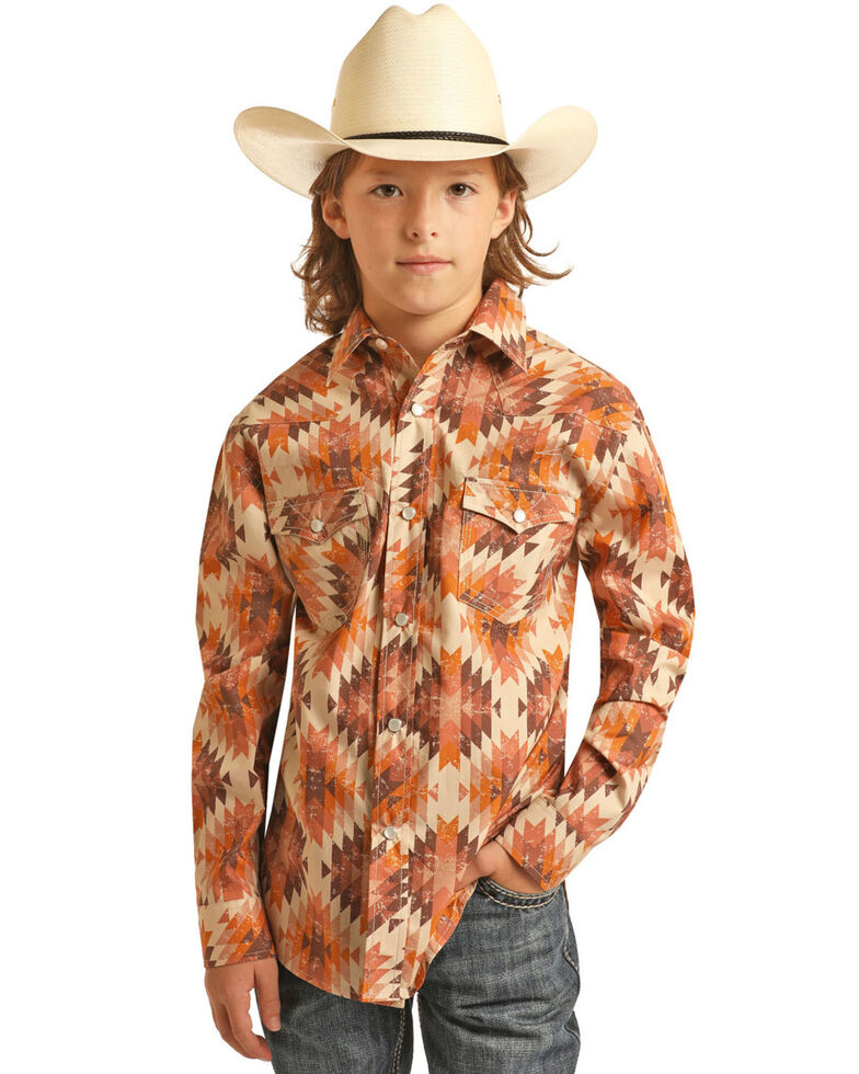 Panhandle Women's Southwestern Long Sleeve Snap Western Shirt, Orange, hi-res