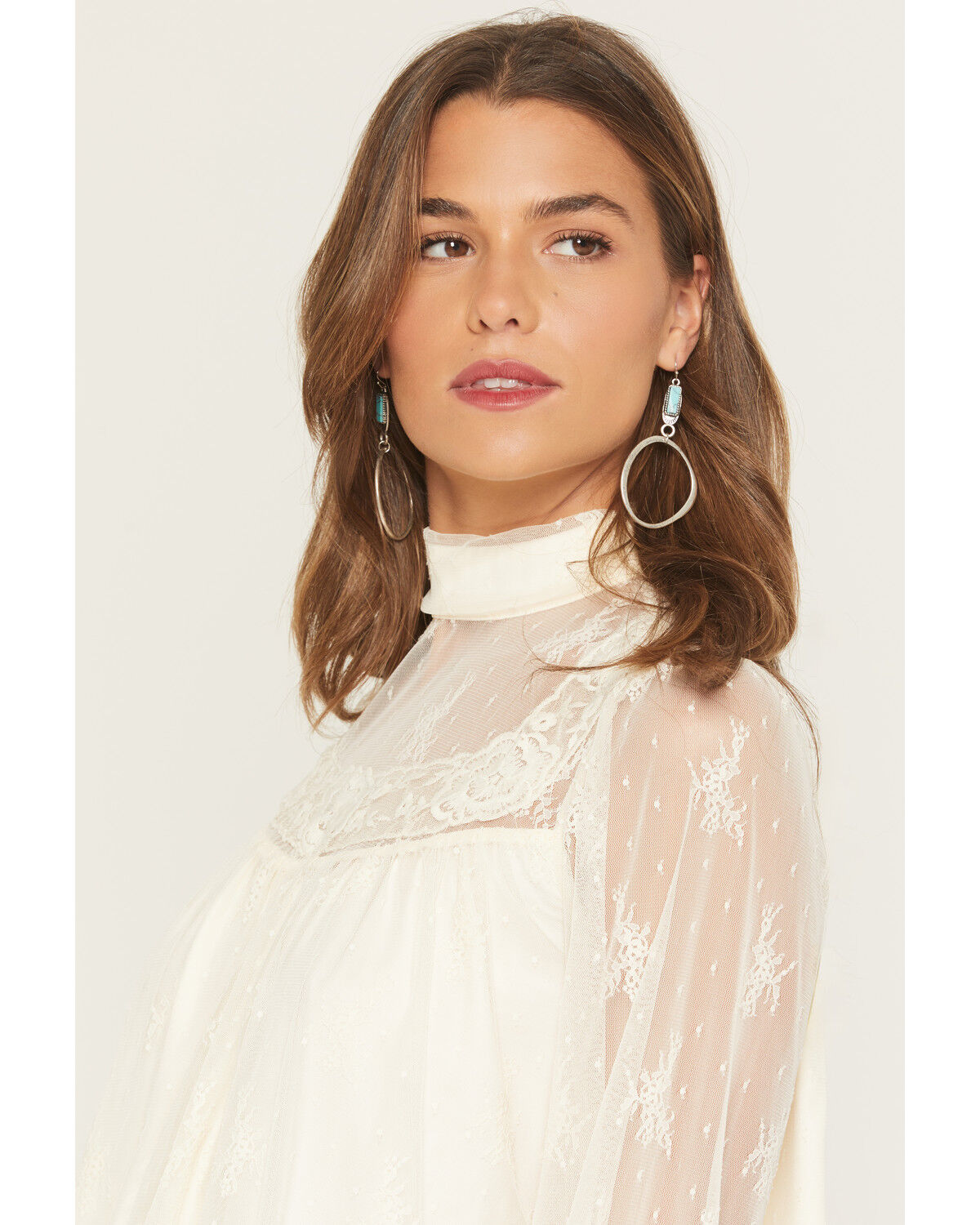 By Together Women's Mock Neck Lace Long Sleeve Top