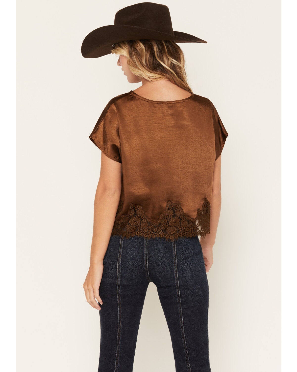 Image #4 - By Together Women's Solid Satin Lace Trim Short Sleeve Shirt, Brown, hi-res