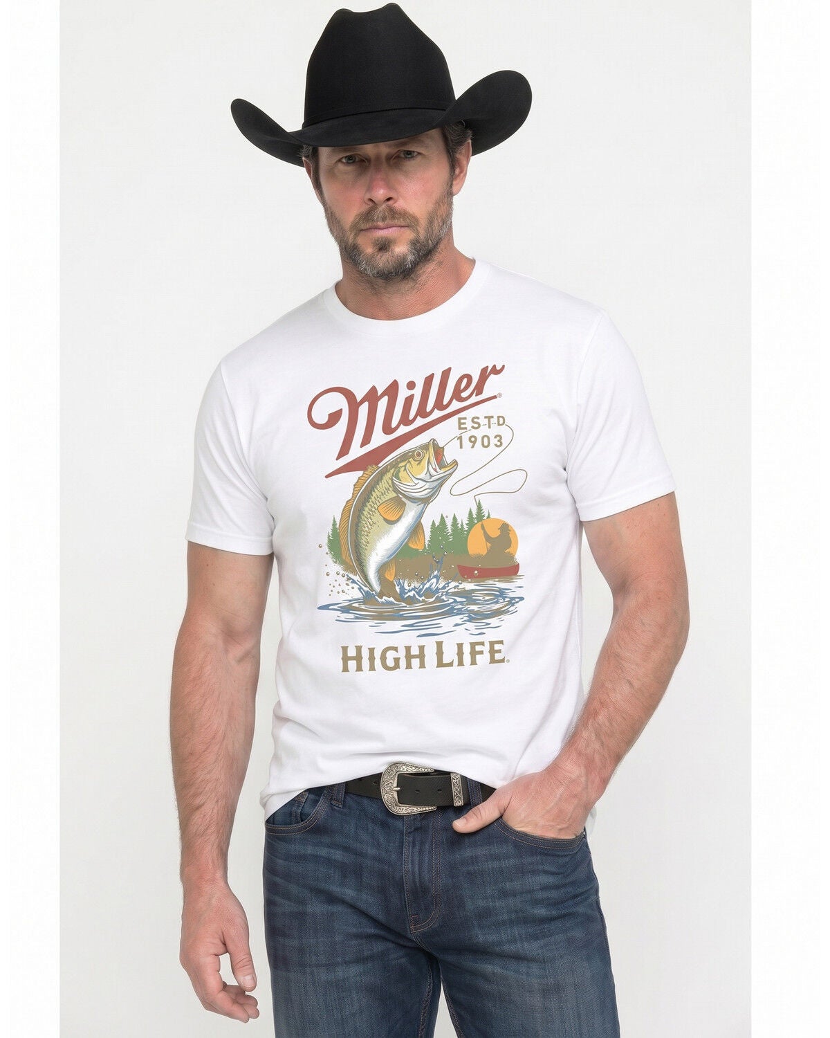 Miller Men's High Life Fishing Short Sleeve Graphic T-Shirt, White, hi-res