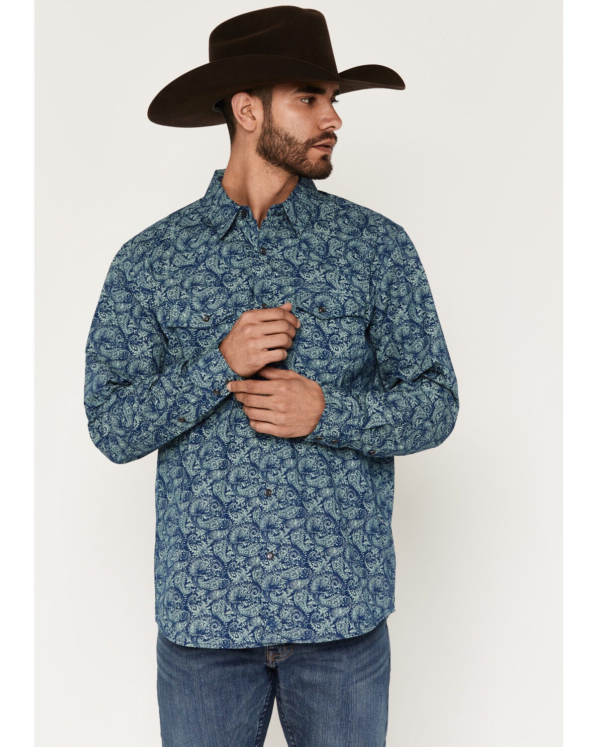 Moonshine Spirit&reg; Men's Open Mic Paisley Print Long Sleeve Snap Western Shirt, Blue, hi-res