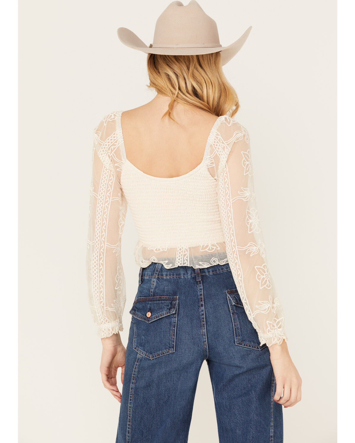 Image #4 - Jolt Women's Lace Smocked Long Sleeve Top, Ivory, hi-res