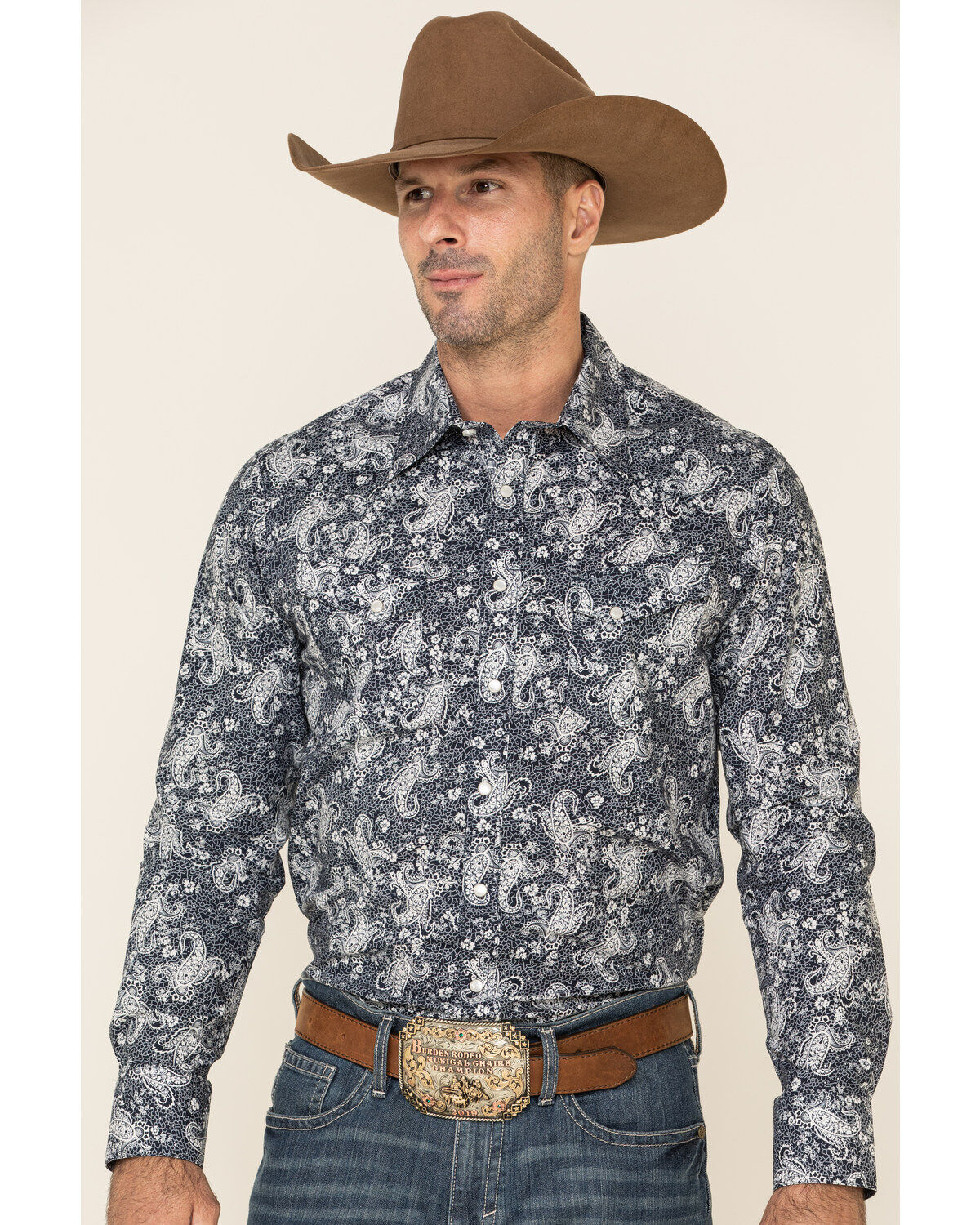 Image #1 - Rock & Roll Denim Men's Paisley Print Long Sleeve Western Shirt, Navy, hi-res