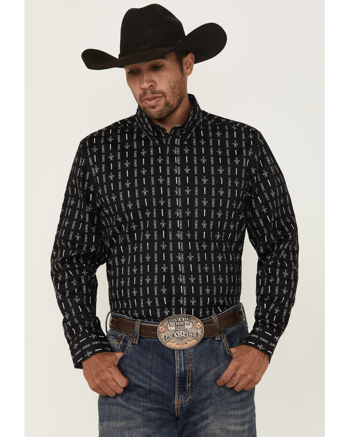 RANK 45&reg; Tiki Room Striped Print Long Sleeve Button-Down Stretch Western Shirt, Black, hi-res