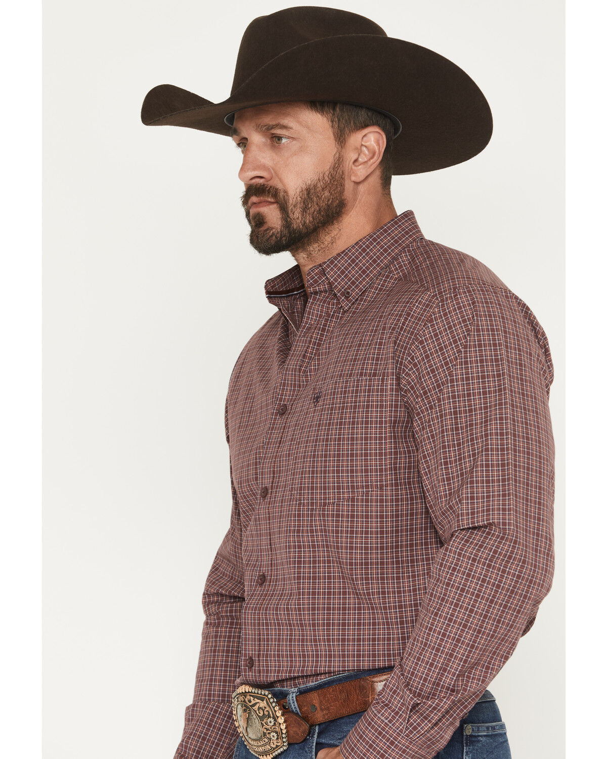Image #2 - Ariat Men's Pro Series Travis Plaid Print Long Sleeve Button-Down Stretch Western Shirt, Burgundy, hi-res