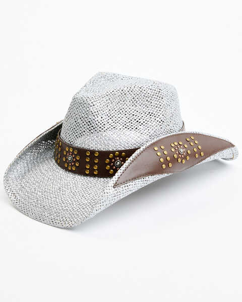 Shyanne Women's Aguilar Studded Western Straw Hat, Silver, hi-res