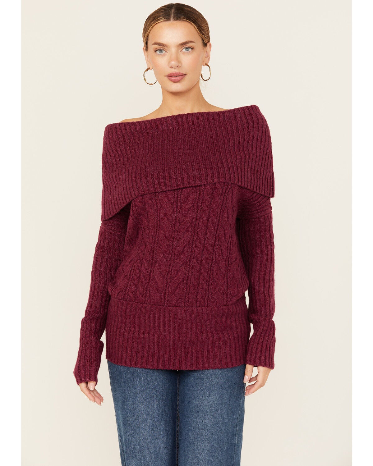 Shyanne Women's Off The Shoulder Cable Knit Sweater, Fuchsia, hi-res