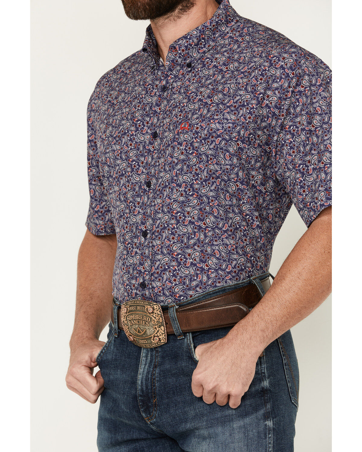 Image #3 - Cinch Men's ARENAFLEX® Paisley Print Short Sleeve Button-Down Stretch Performance Shirt, Dark Blue, hi-res