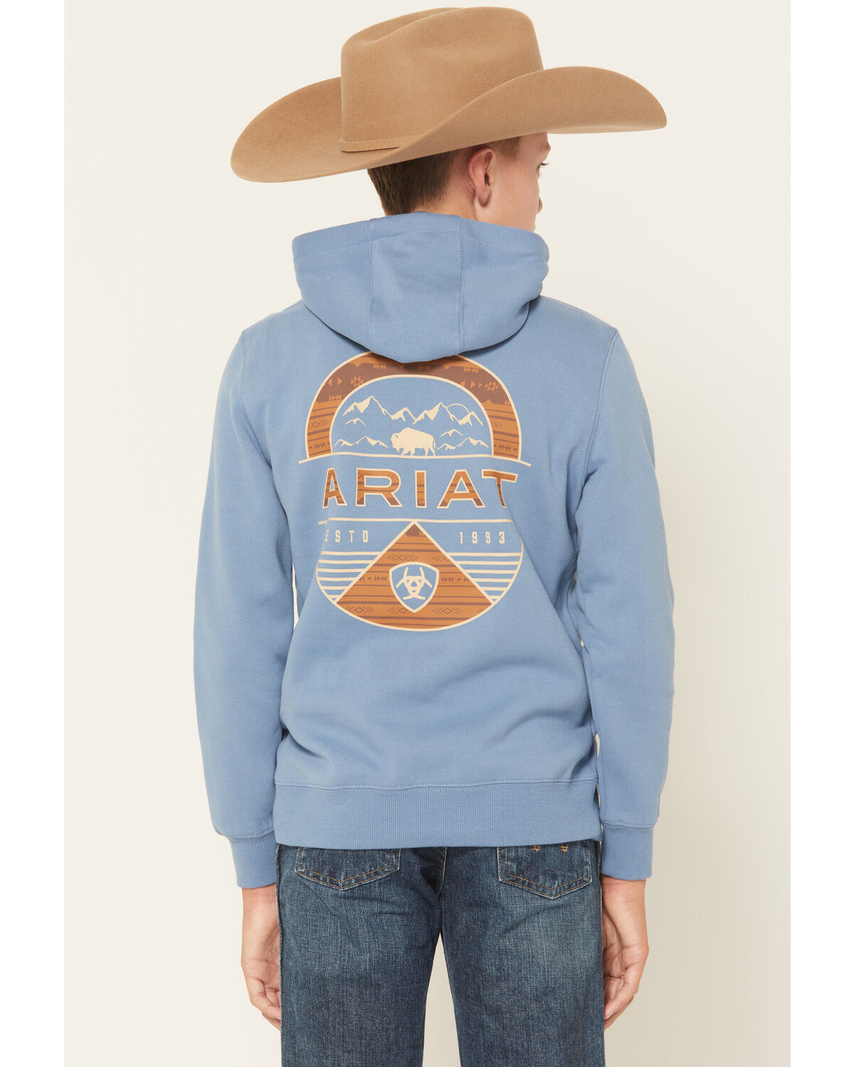 Image #1 - Ariat Boys' Logo Valley Graphic Hooded Sweatshirt, Teal, hi-res