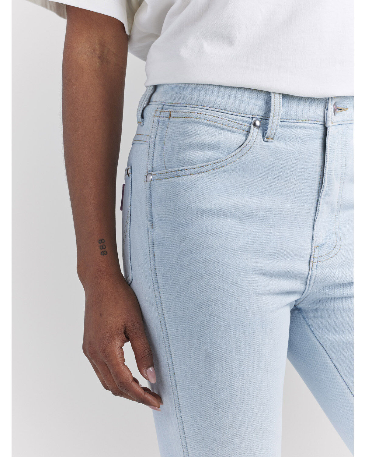 Image #4 - Wrangler® X Barbie™ Women's Light Wash High Rise Westward Pink Patch Stretch Bootcut Jeans, , hi-res