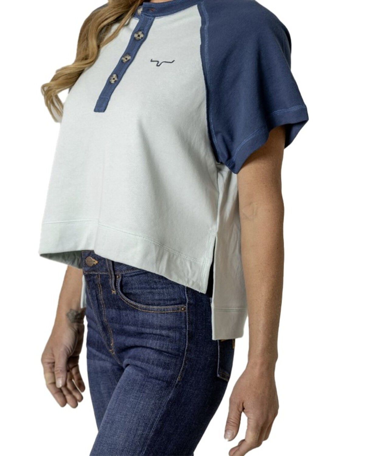 Image #2 - Kimes Ranch Women's Colorblock Short Sleeve 1/4 Button-Down Tee, Blue, hi-res