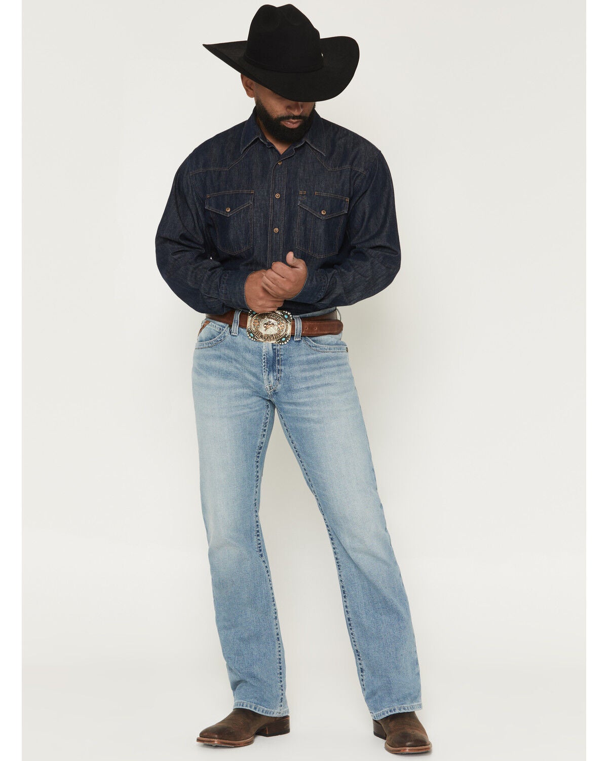 Ariat Men's M4 Kayne Gus Light Wash Relaxed Bootcut Stretch Denim Jeans, Light Wash, hi-res