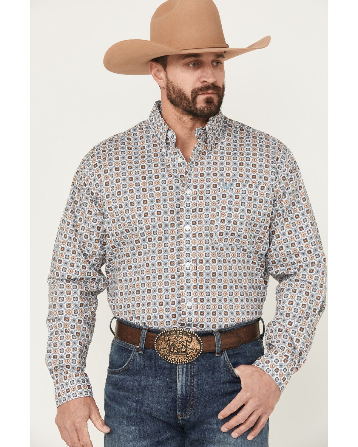 Cinch Men's Geo Print Long Sleeve Button-Down Western Shirt, White, hi-res