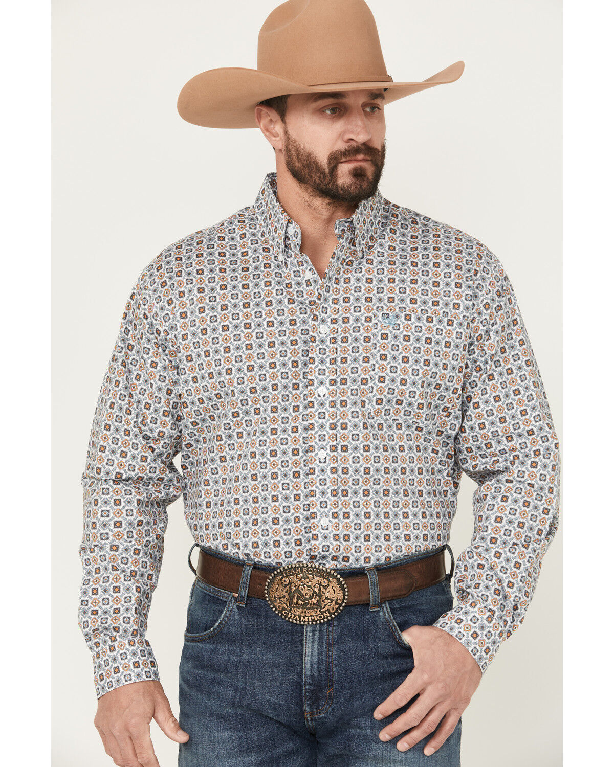 Image #1 - Cinch Men's Geo Print Long Sleeve Button-Down Western Shirt, White, hi-res