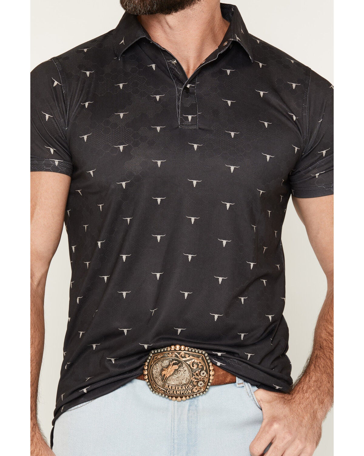 Image #3 - Cowboy Hardware Men's Skull Scatter Short Sleeve Snap Polo, Black, hi-res